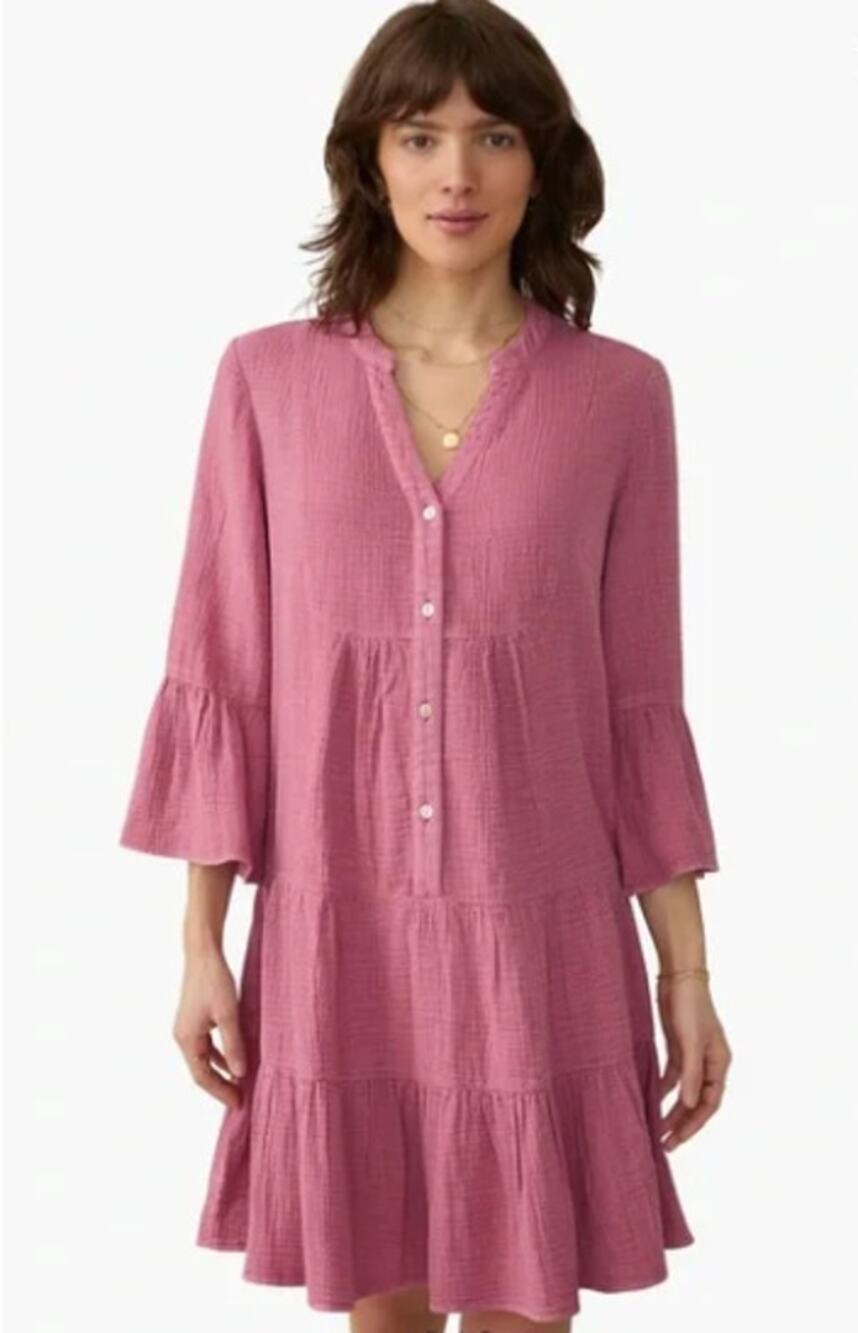 Faherty Dune Organic Cotton Gauze Kasey Tiered Mini Dress Heather Rose Size XXL